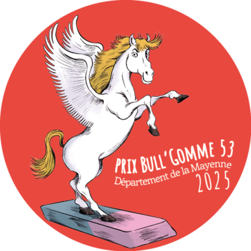 Visuel du prix Bull'Gomme 53 pour l'édition 2025 : un cheval ailé - Pégase - sur une gomme à effacer